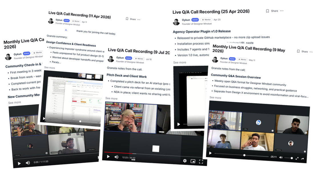 Live Q&A call recordings posted in the community, each with an AI-generated summary and notes
