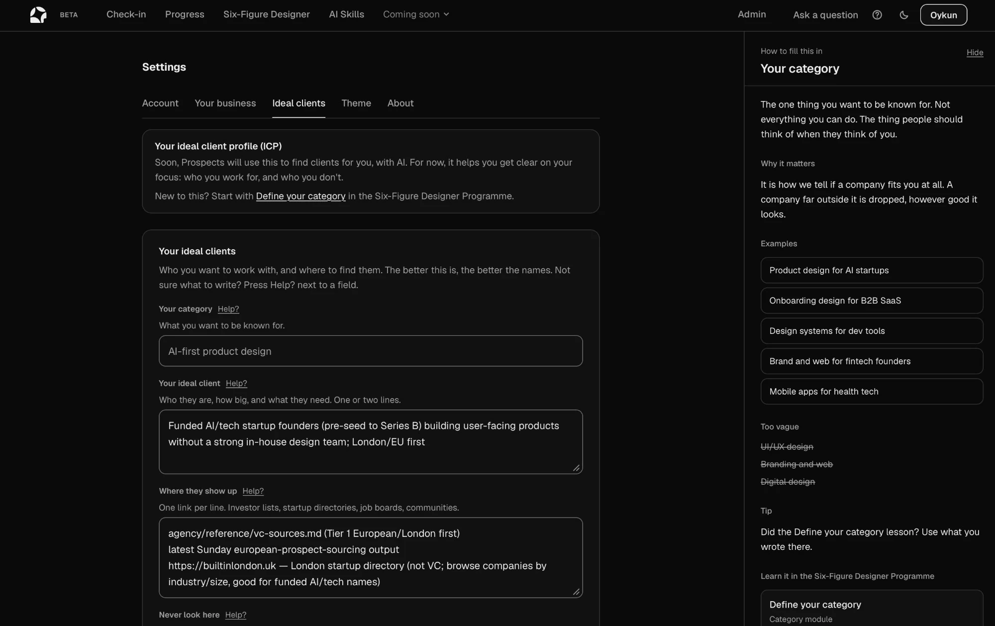 Agency Operator settings, where you describe your ideal clients