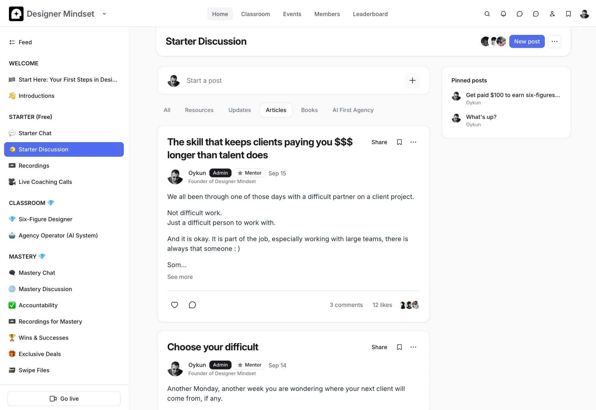 Starter Discussion in the Designer Mindset community, with articles from Oykun
